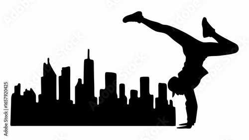 Silhouette of a breakdancer doing a handstand with a city skyline in the background black and white image