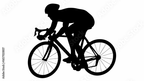 Silhouette of a cyclist riding a road bicycle with drop handlebars and helmet on a white background