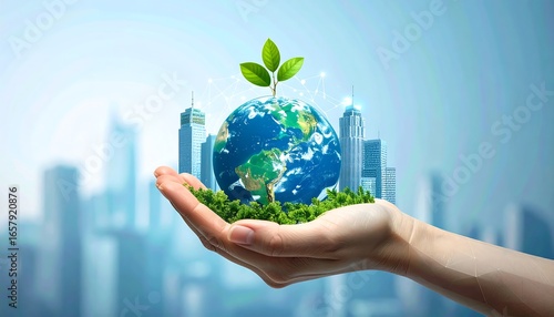 Hand holding Earth with sprout