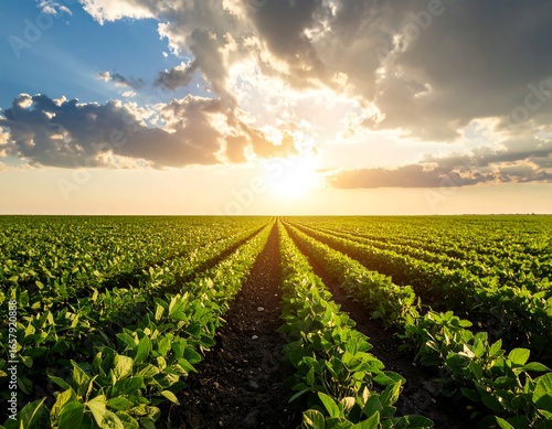 Sunset over a soybean field