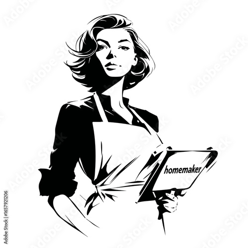 Vintage homemaker holding sign and smiling in black and white style  