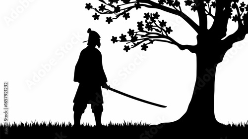 Silhouette of a samurai with a katana sword standing under a blossoming tree in a serene landscape scene