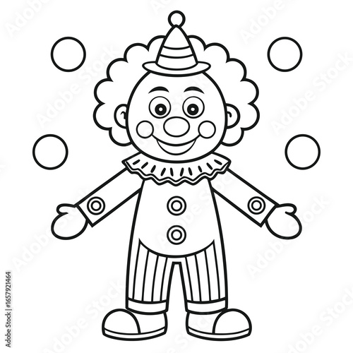 Coloring page outline of a cartoon circus clown with colorful balls. Coloring book for kids, featuring a fun juggling scene, perfect for creative drawing, playful activities.