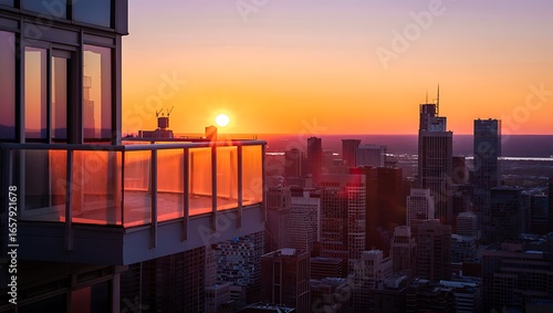 Modern glass balcony overlooking city skyline at sunset with warm orange and purple hues
