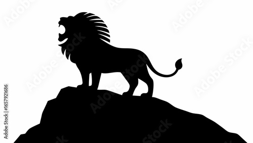 Silhouette of a roaring lion standing proudly atop a rocky outcrop against a white background scene view