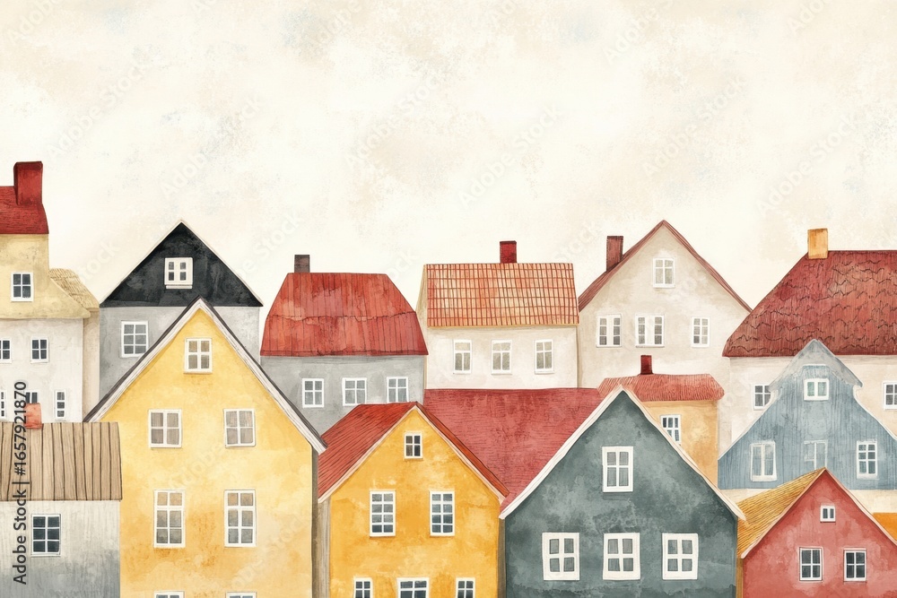 Naklejka premium Charming Illustration of Colorful Houses in a Serene Landscape