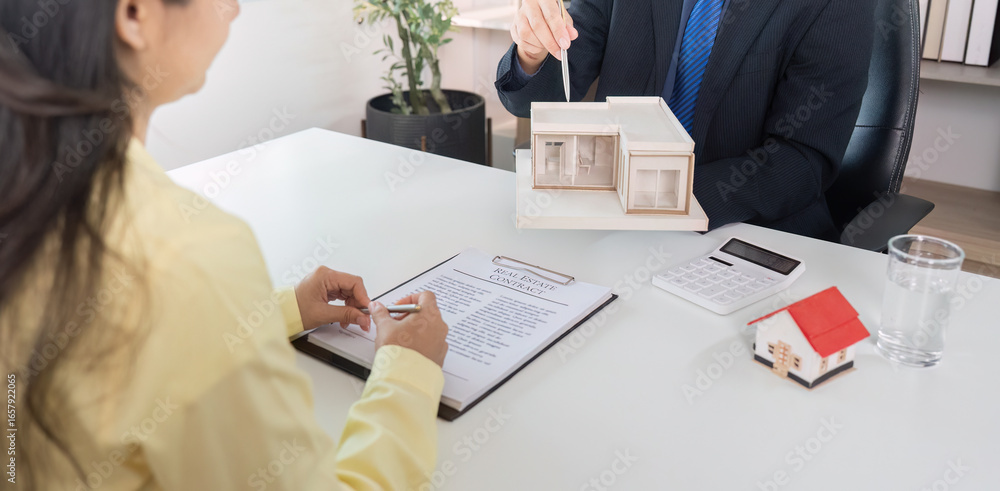 custom made wallpaper toronto digitalReal Estate Consultation. Agent discussing property model and financial options with client.
