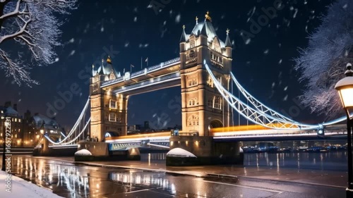 London's Tower Bridge in Winter Wonderland: A Nighttime Snowfall Spectacle