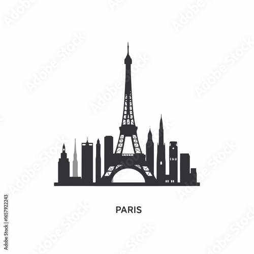 A stylized vector illustration of the Eiffel Tower and Paris skyline with a silhouette of the city's famous architecture in France