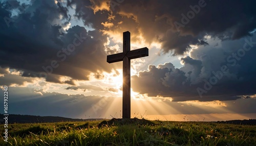 Wooden cross at sunset against dramatic clouds