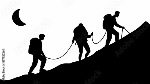 Silhouette of three hikers climbing a mountain at night under a crescent moon with rope and walking sticks