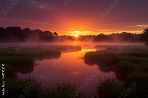 Serene Sunrise Over Misty Wetlands with Golden Hues