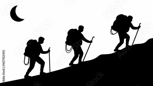 Silhouetted hikers trekking uphill with backpacks and walking sticks under a crescent moon in the night