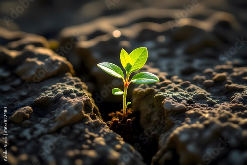 Tiny Green Sprout Pushing Through Cracked Earth