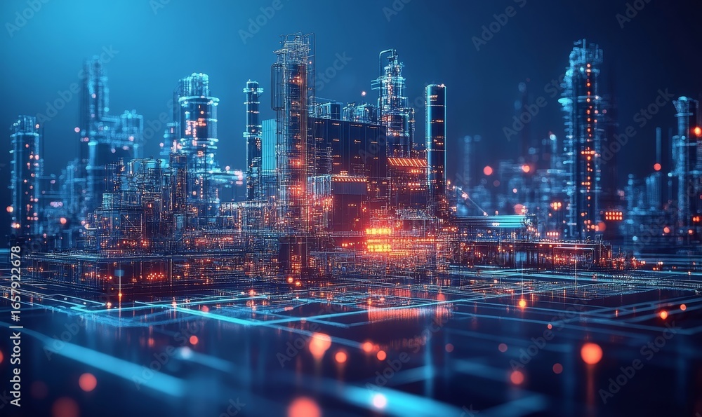 Fototapeta premium Industry 4.0 concept with a smart factory building on a dark background, evoking a futuristic sense of cyberspace and advanced automation in industrial processes, Generative AI