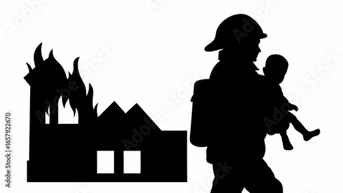 Silhouette of firefighter rescuing baby from burning building with flames and smoke in the background scene