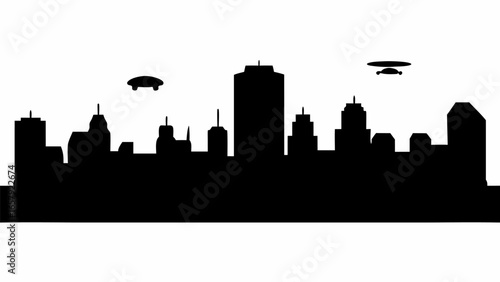 Silhouette of city skyline with various buildings and two ufo objects flying above the cityscape at night