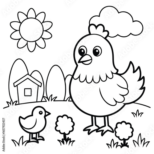 Coloring page outline of a cartoon chicken or hen with a newborn chick. Nestling with an egg. Coloring book for kids, featuring farm animals, perfect for creative drawing