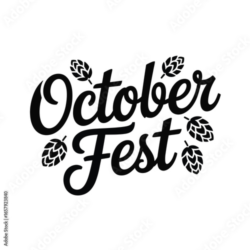 Black October Fest lettering with hop cones on a white background text typography
