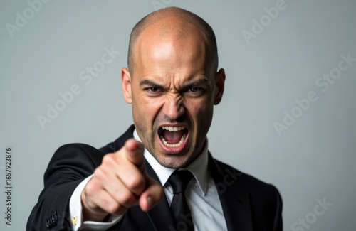 A man in a suit shouting and pointing aggressively at the camera