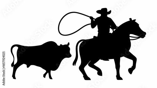 Silhouette of a cowboy on horseback with lasso chasing a bull in a western themed black and white image