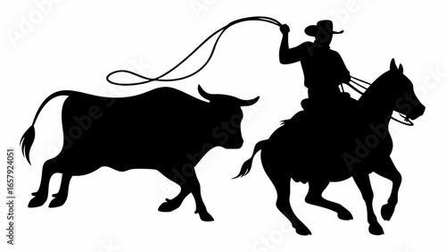 Silhouette of cowboy riding horse and throwing lasso at bull in rodeo competition, western scene depicted