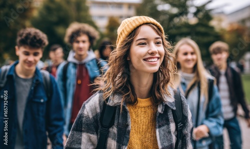 Students enjoying a sunny day on campus while smiling and chatting