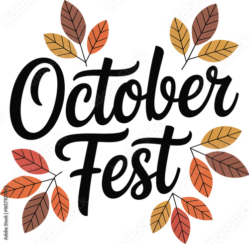 October Fest lettering with autumn leaves decoration on white background fall seasonal