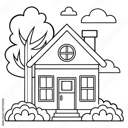Coloring page outline of a cartoon burning house. Fire or flame. Coloring book for kids, featuring dramatic scenes, perfect for creative drawing, and an educational activity