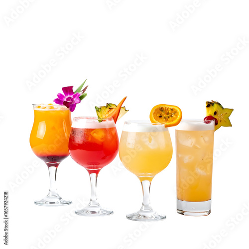 Wallpaper Mural Assorted colorful tropical cocktails with fruit garnish on transparent background Torontodigital.ca