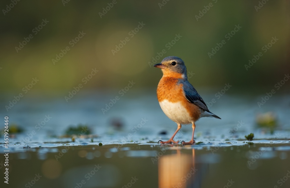 A small bird standing on the ground near water with a blurred natural background A small bird standing on the ground near water with a blurred natural background