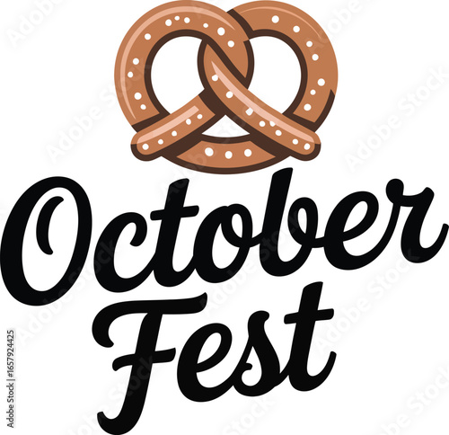 October Fest lettering with pretzel on white background text typography