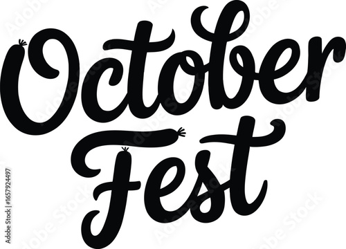 October Fest lettering with sausage on white background text typography