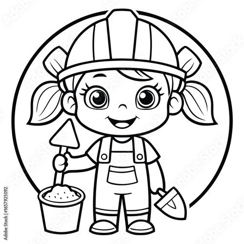 Coloring page outline of a cartoon builder girl with cement mortar and a trowel. Profession. Coloring book for kids, featuring a construction scene, perfect for creative drawing