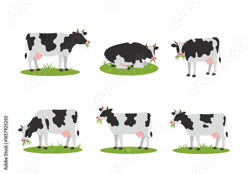 Six stylized black and white cows grazing on grass, various poses.