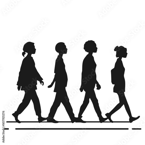 Black vector silhouettes of people walking, including women, children, and a business group
