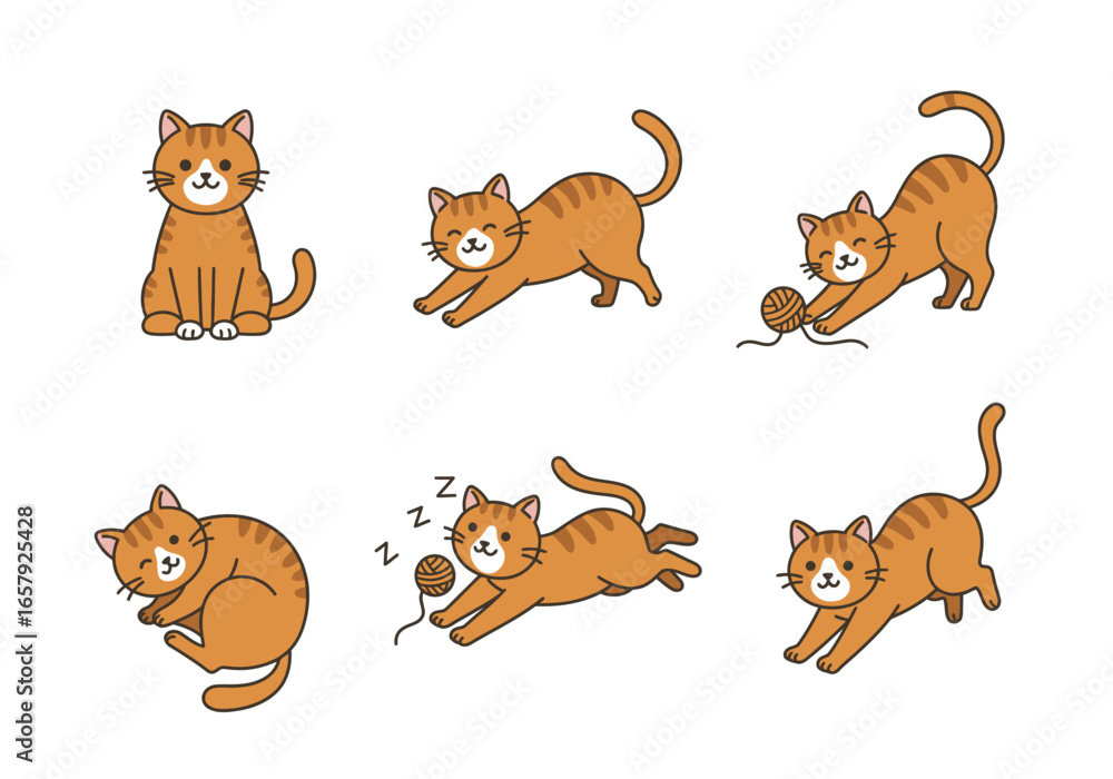 Fototapeta premium A collection of cute cartoon ginger tabby cat illustrations in various playful and sleeping poses.