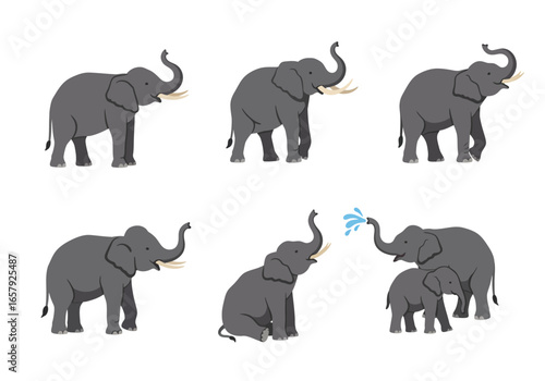 A collection of six gray cartoon elephants in various poses, including a mother and calf spraying water.