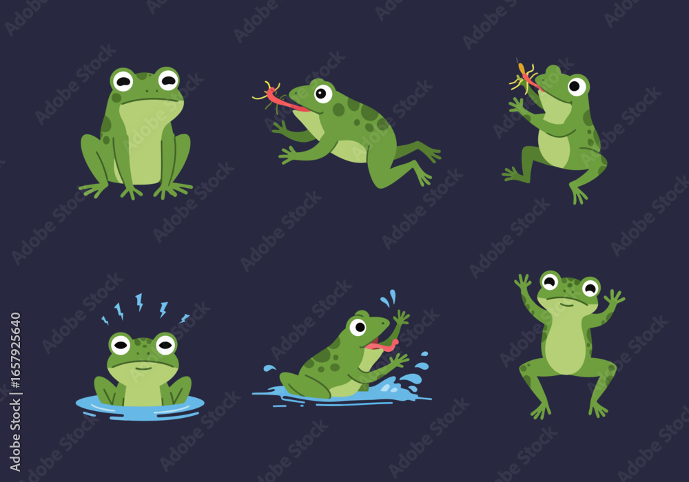 Obraz premium Six playful cartoon frogs in various actions: sitting, jumping, catching food, swimming, and expressing surprise.