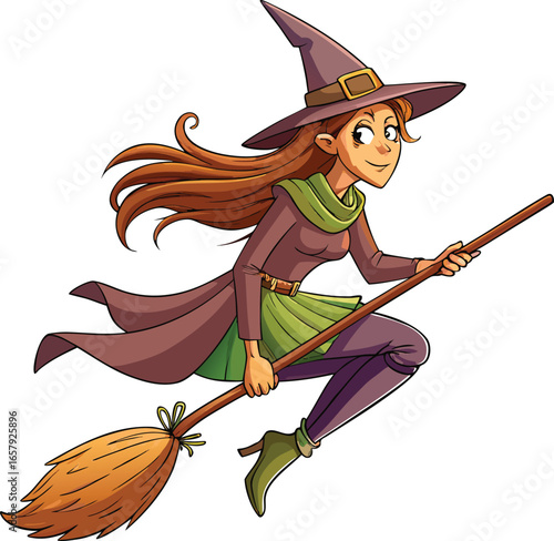 halloween Witch Accessory Outlines Cute Witch Flying on Broom  