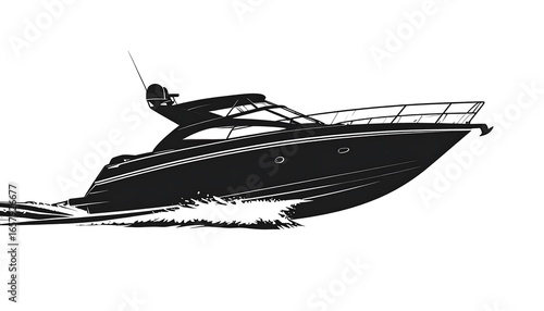 A stylized, black silhouette of a speedboat gliding across the water.