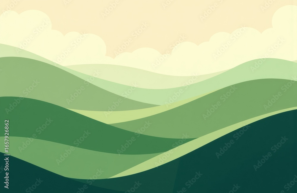 Obraz premium Gentle rolling hills with layered green tones and soft sky background creating a peaceful landscape scene