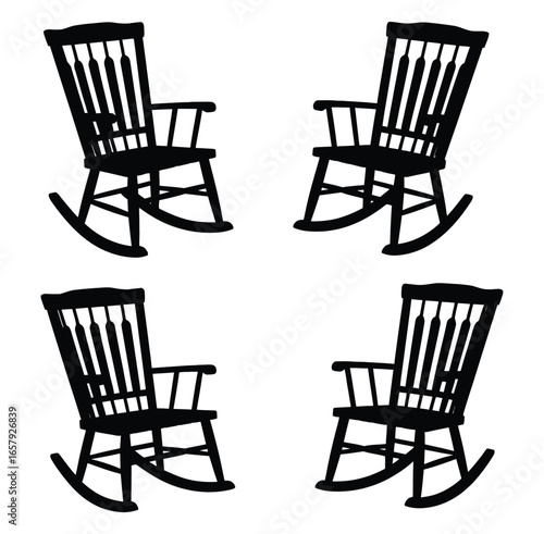 Vector art of four rocking chairs are arranged in a square formation, , showcasing their classic design and inviting comfort for relaxation and leisure time at home