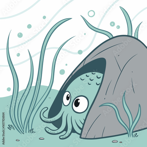 Shy Octopus Peeking From Behind Rock
