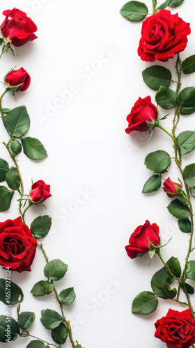 Red roses with lush green leaves are arranged on white background, creating romantic and elegant floral border. vibrant colors and natural beauty evoke feelings of love and passion