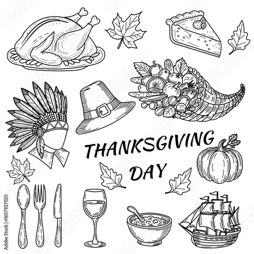 Thanksgiving Day Illustration Featuring Turkey, Cornucopia, Pumpkin, and Traditional Festive Elements