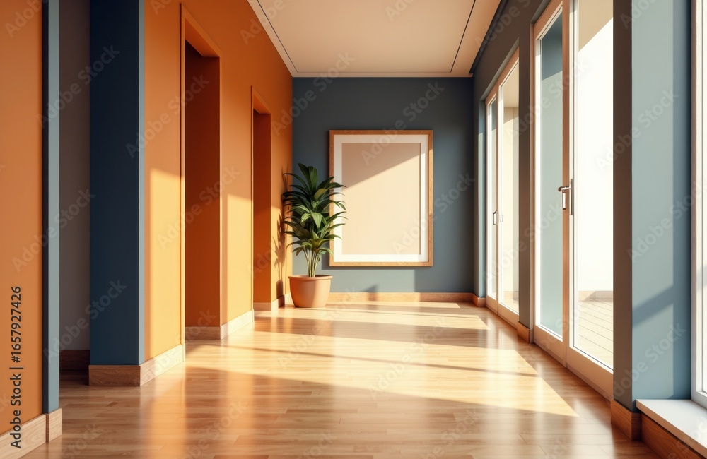 Fototapeta premium Bright, modern interior room with large windows and natural sunlight streaming in