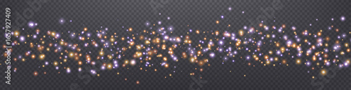 Purple and orange glittering dots, particles, stars magic sparks. Glow flare light effect. Violet luminous points. Vector particles on transparent background.