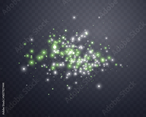 Silver magic sparks and dust stars. Glittering dots, particles, sparkles. Glow flare light effect. Silver luminous points. Vector particles on transparent background.