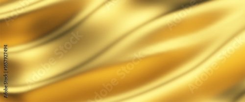 Golden Silk Background with Liquid Satin Wave and Luxury Fabric Cloth Pattern. Abstract Smooth Color for Elegant Material or 3D Drapery. Royal Gold Textile Texture with Velvet Gradient.